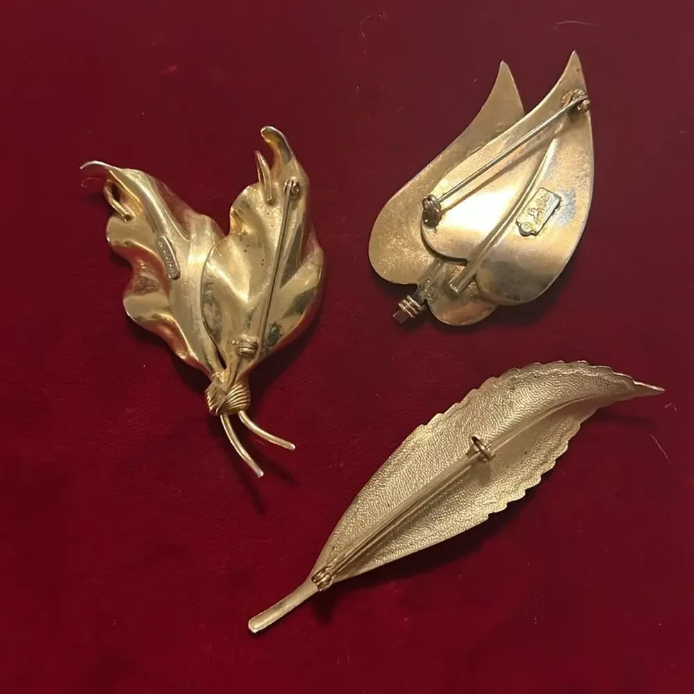 Three Vintage Gold Leaf Brooches
